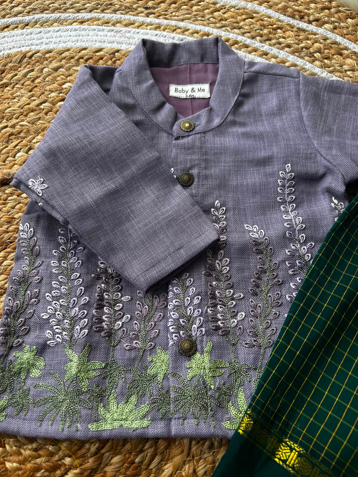 Pure Linen purple Kurta with green Dhoti for baby boy