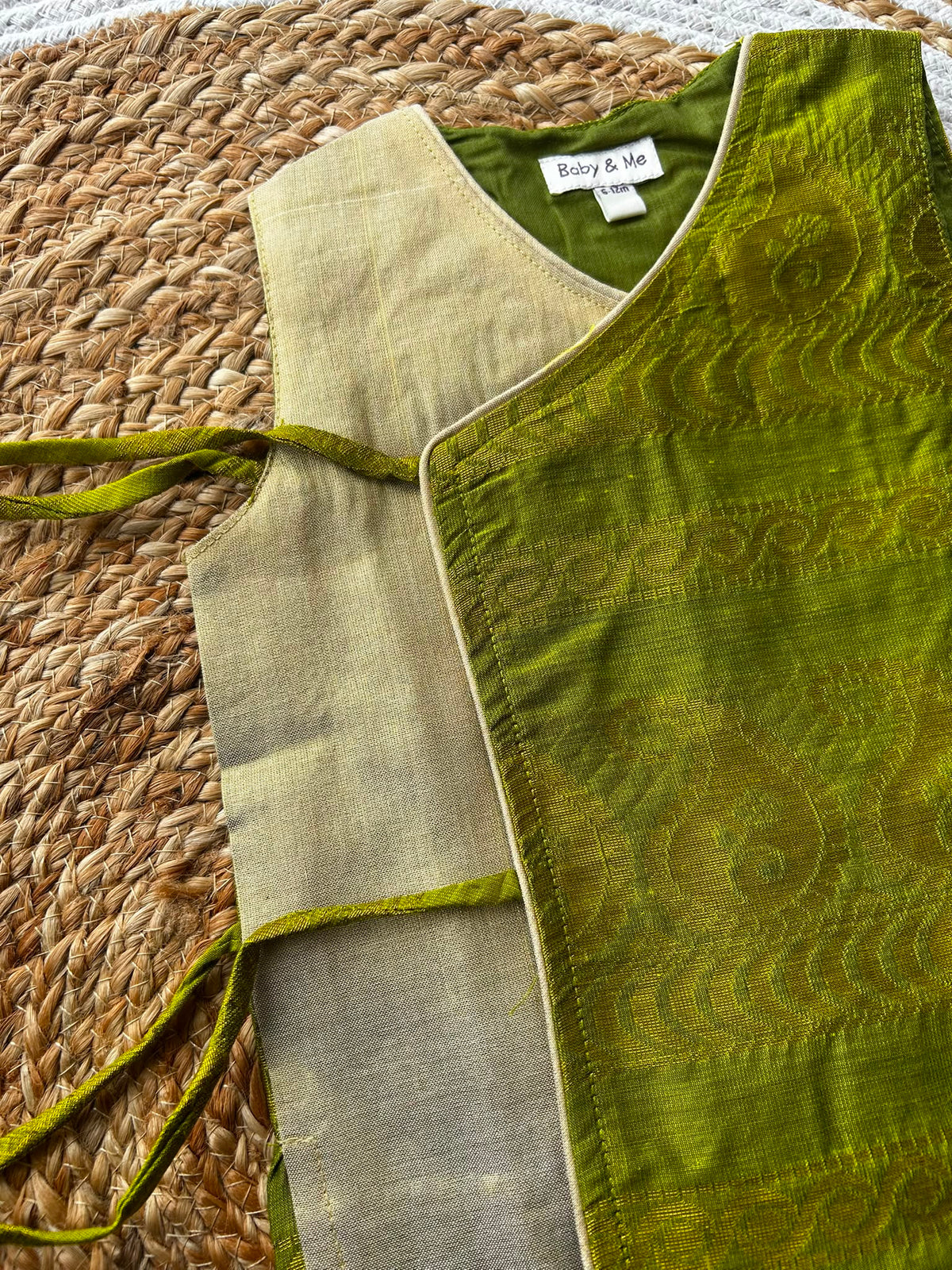 Green angrakha cotton silk kurta top baby boy ethnic wear
