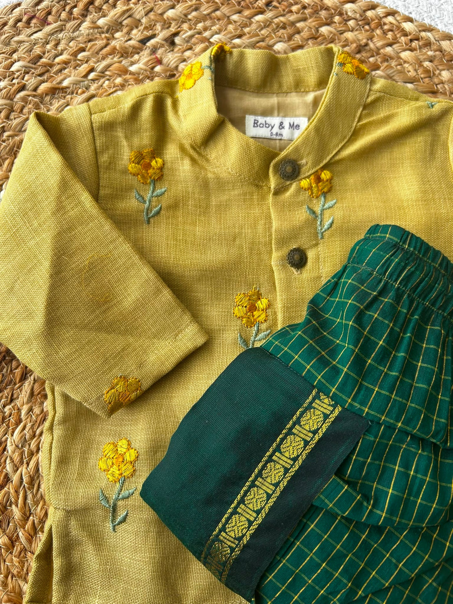 Pure Linen Pastel yellow with bottle green checks Kurta Dhoti Ethnic Wear for baby boy