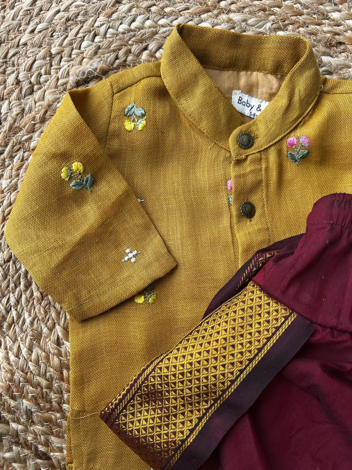 Pure Linen mustard yellow Kurta with maroon Dhoti for baby boy (Copy)