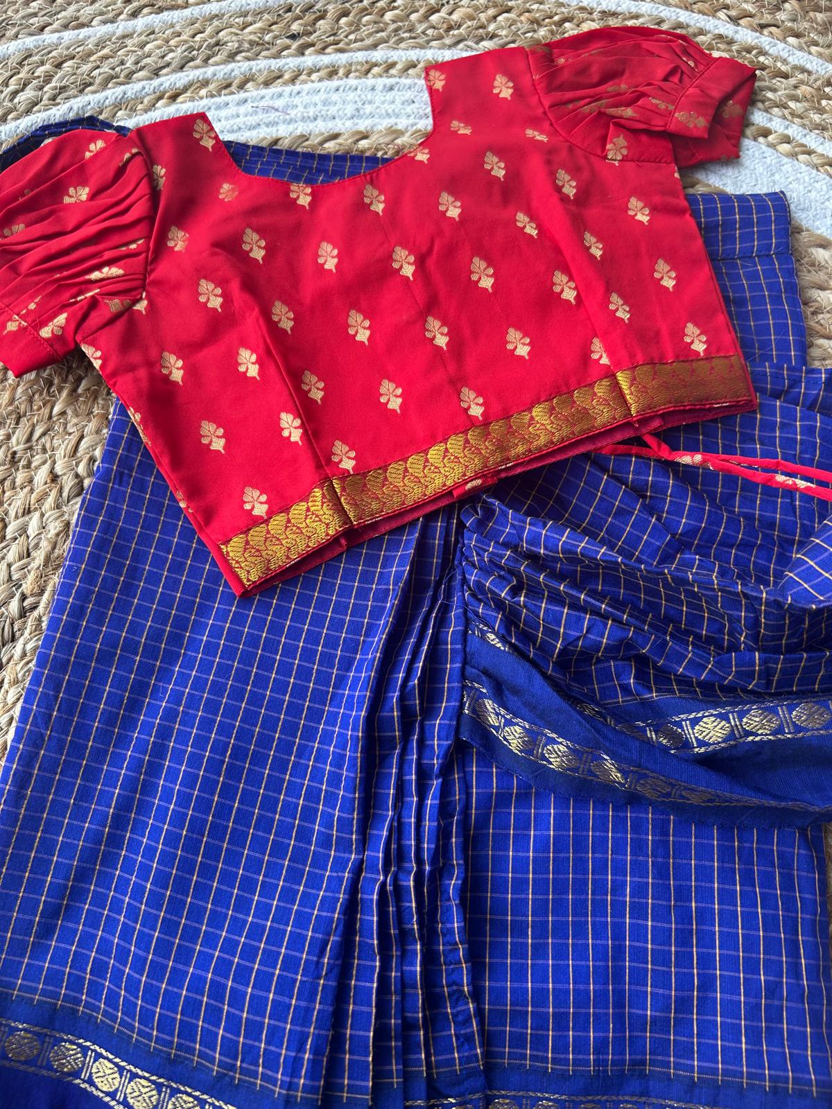 Checked blue and red - Ready to wear saree for kids Ethnic wear for baby girl