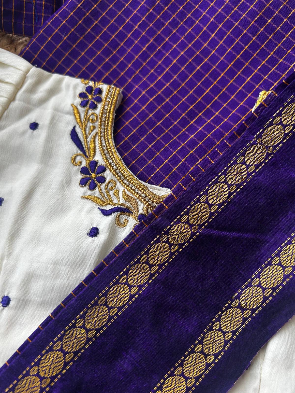 Purple checked muttukattam saree with white blouse - Ready to wear saree for kids Ethnic wear for baby girl