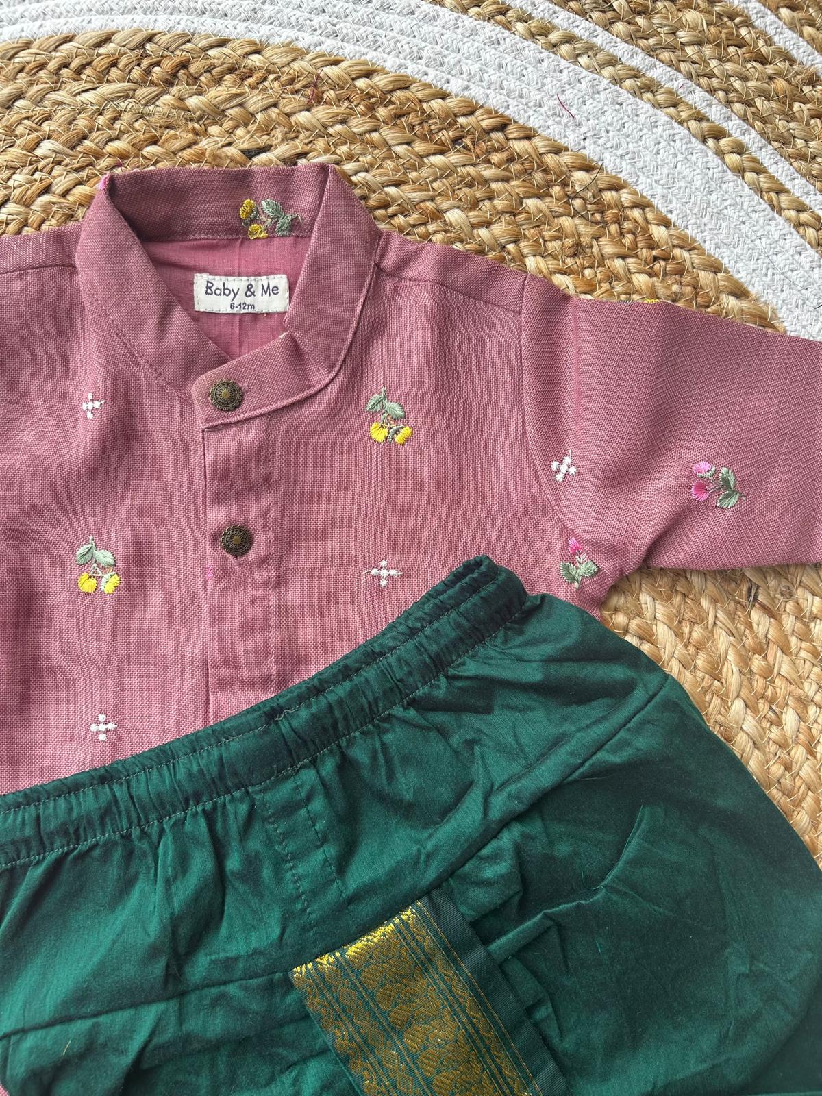 Pure Linen pink Kurta with green Dhoti for baby boy
