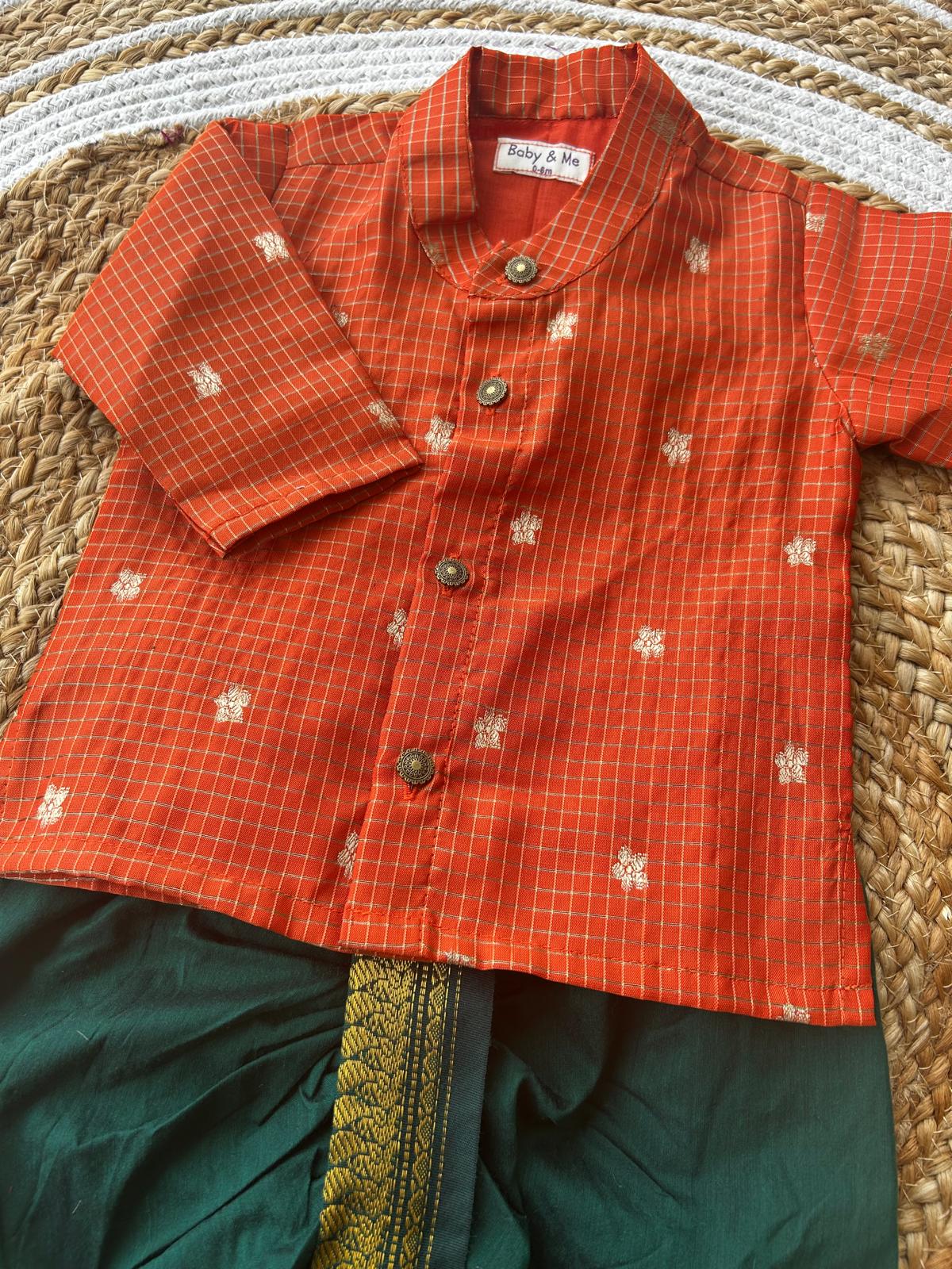 Orange with green reshme chowka Kurta Dhoti for baby boy - Festive Collection