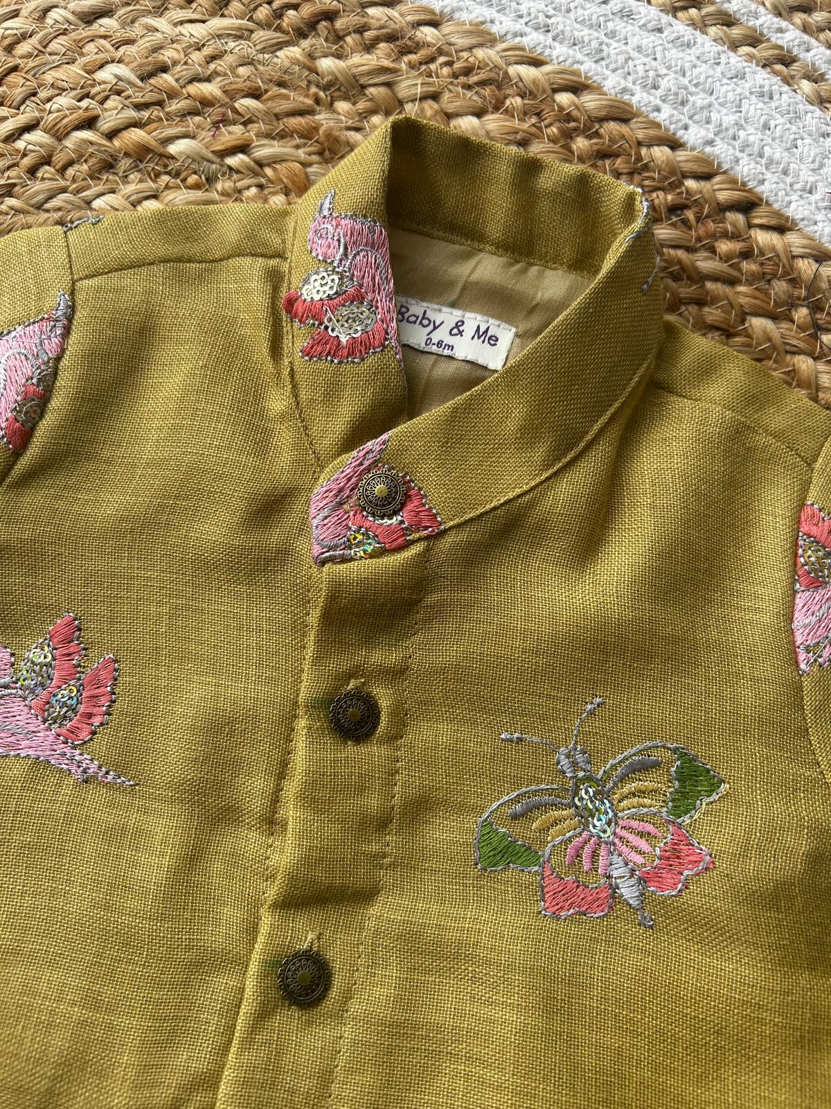 Yellow pure linen with green Kurta Dhoti for baby boy - Festive Collection