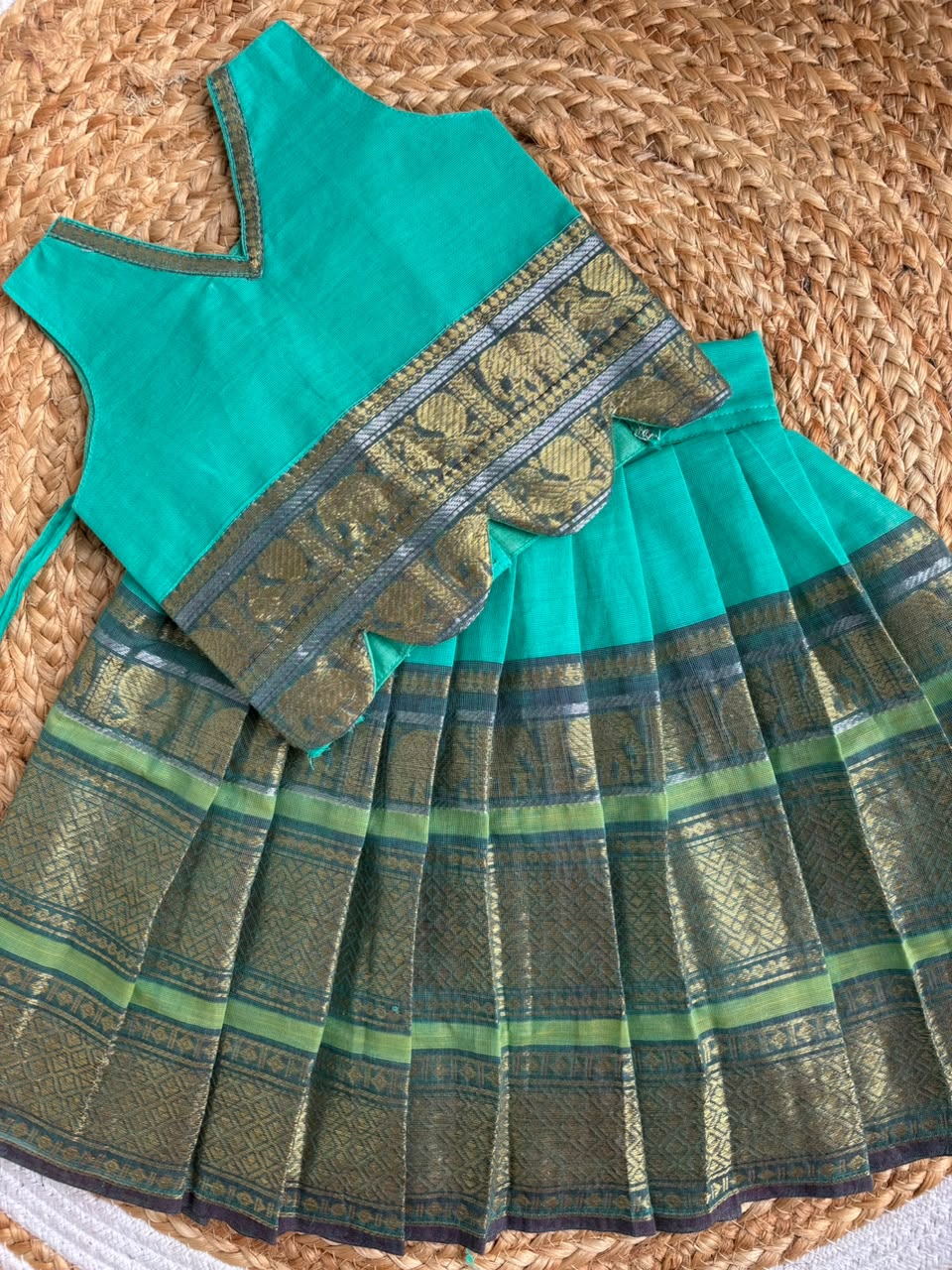 Festive Rama Green Traditional langa blouse pure kanchi cotton weave sleeveless for baby girl