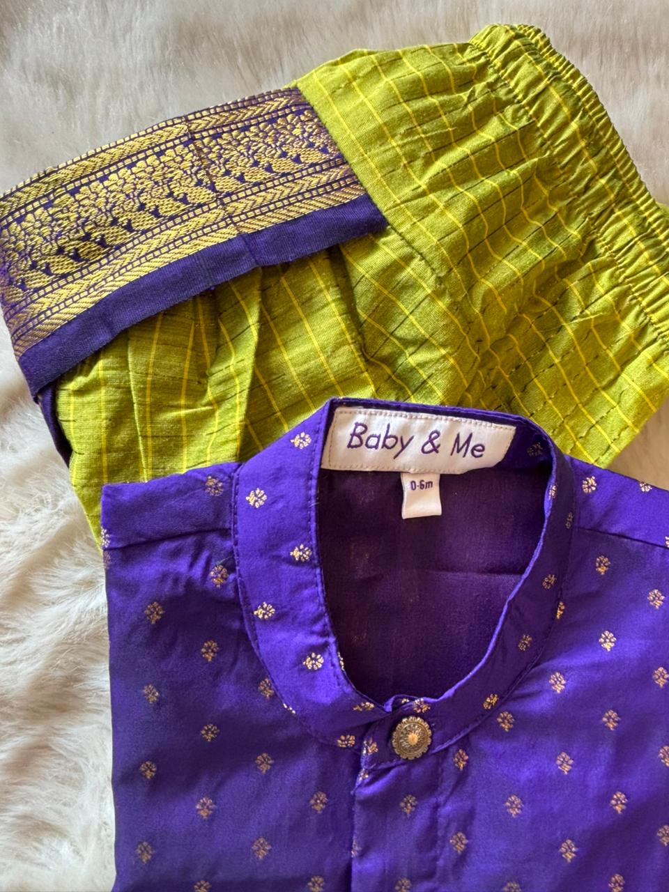 Purple with Green checked kurta dhoti baby boy ethnic wear