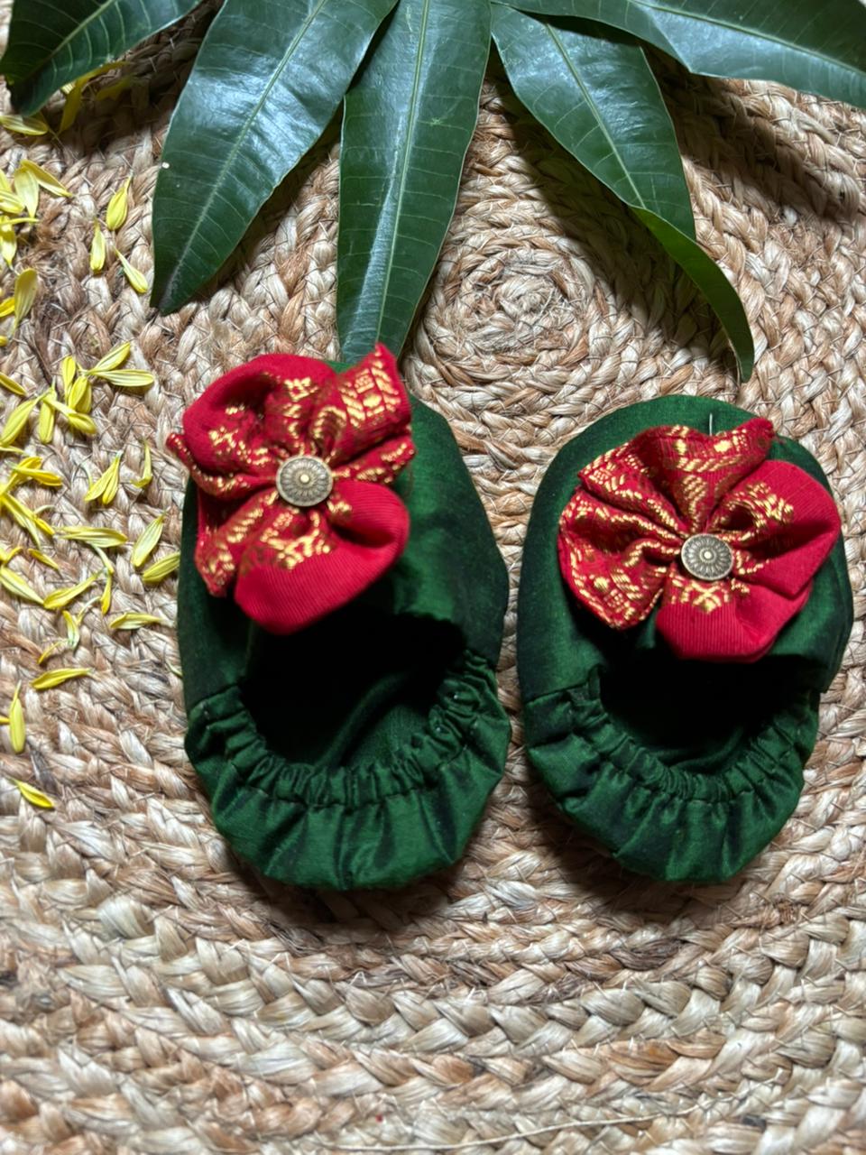 Bottle green and red Flower Shoes for baby