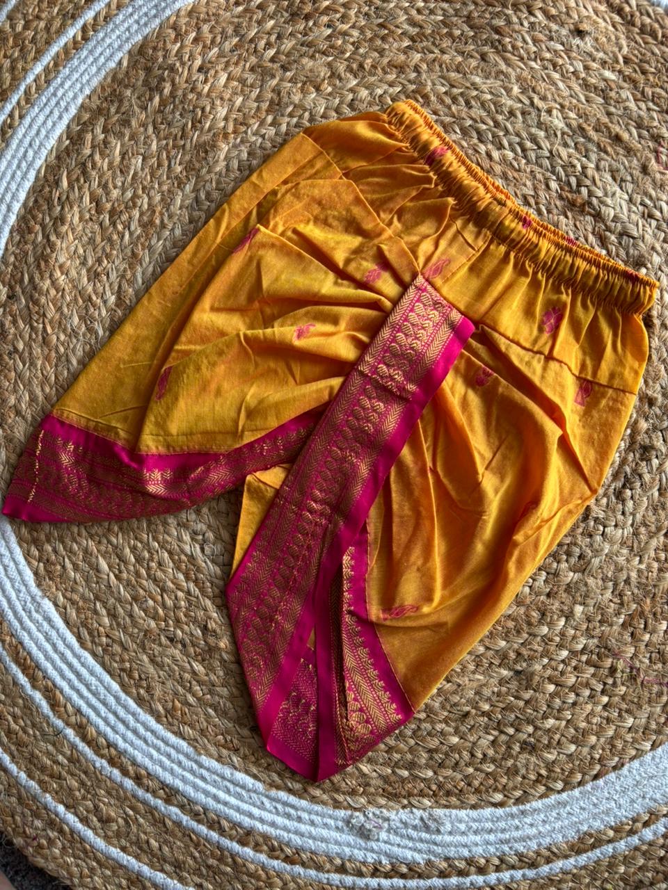 Yellow with pink border cotton silk dhoti baby boy ethnic bottom wear