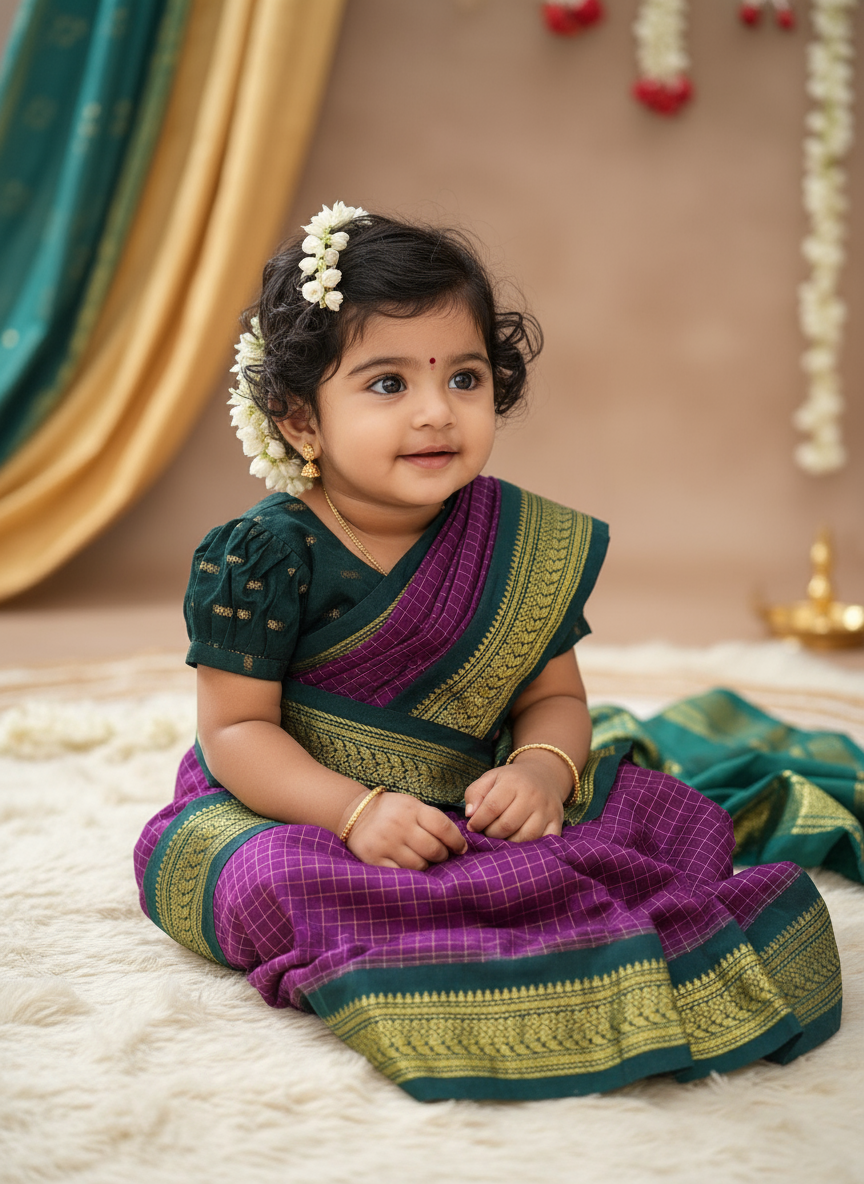 Checked Wine and bottle green- Ready to wear muttukattam saree for kids Ethnic wear for baby girl