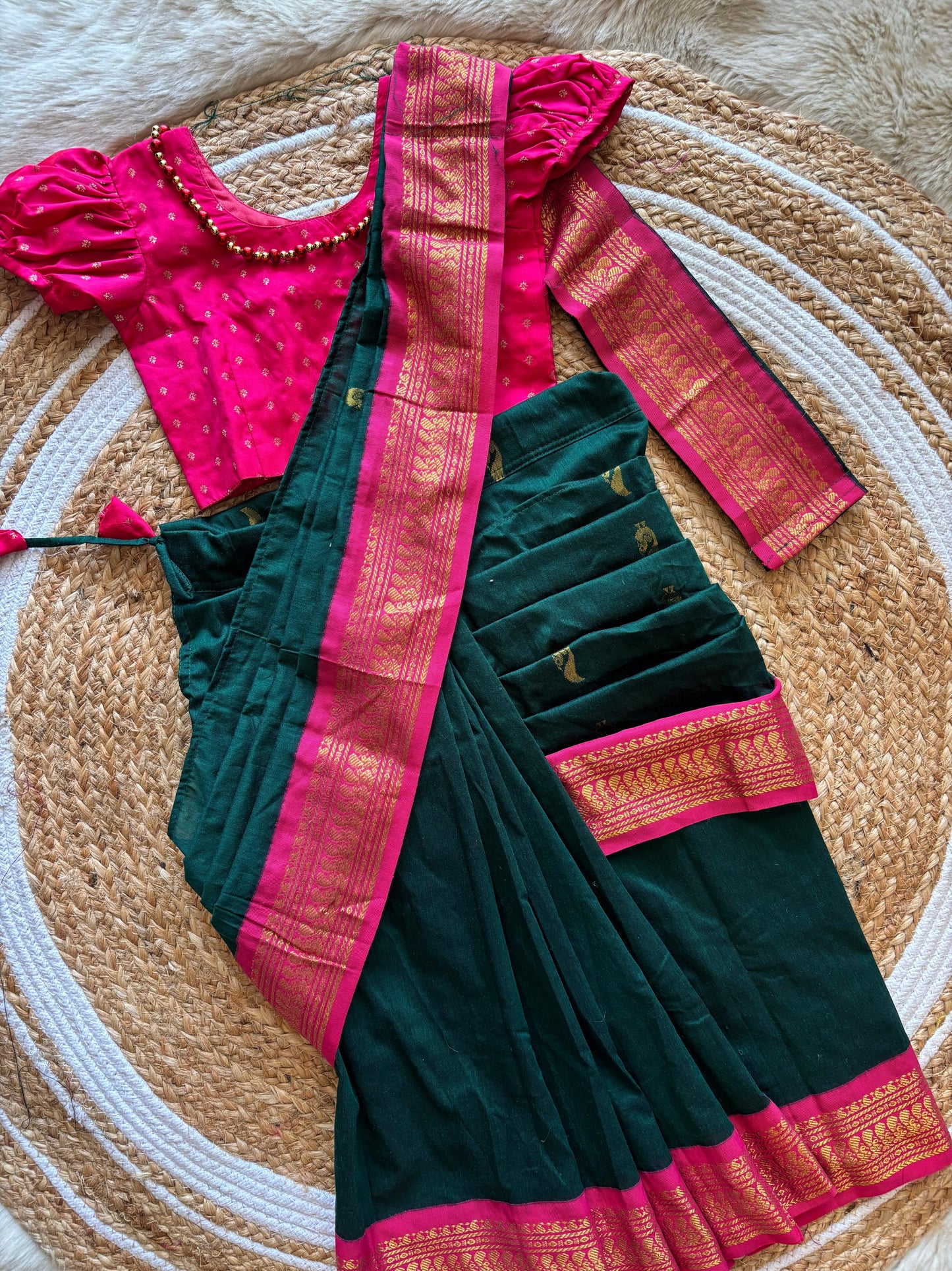 Pink and bottle green - Ready to wear saree for kids Ethnic wear for baby girl