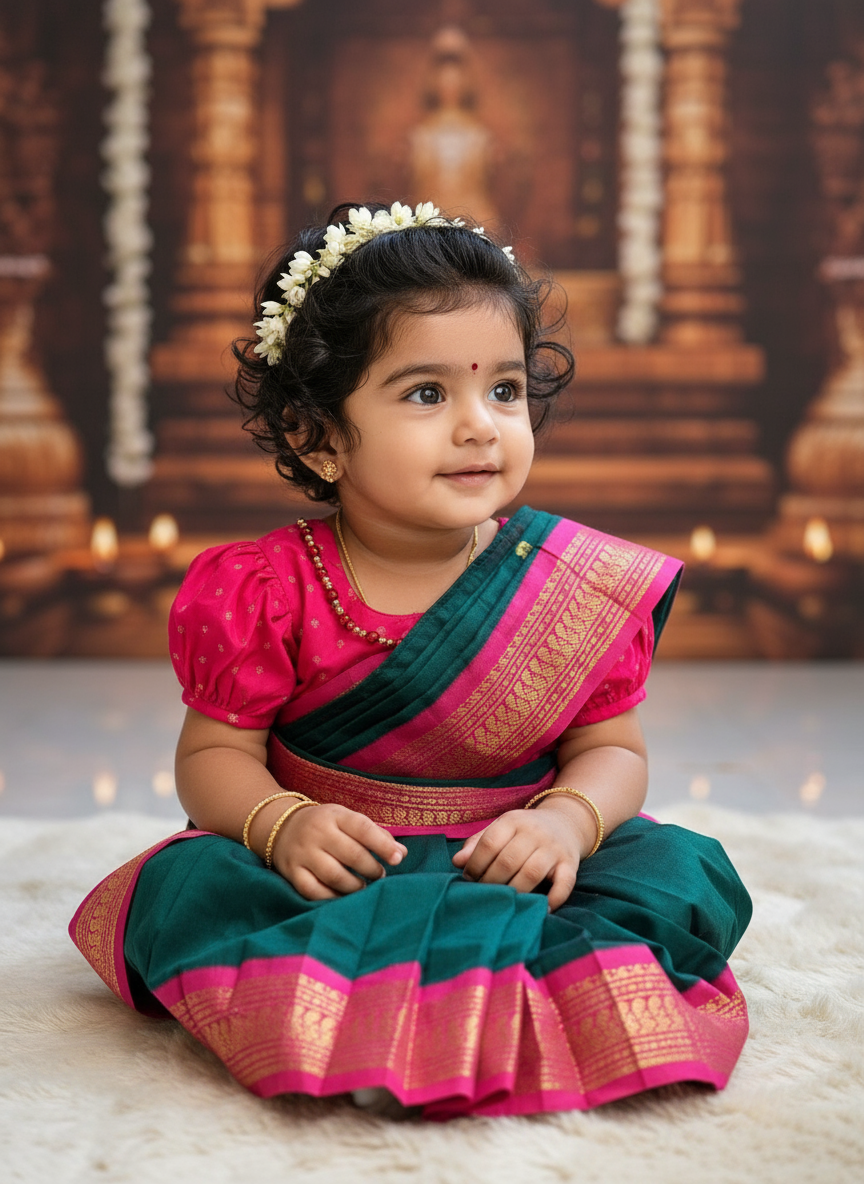 Pink and bottle green - Ready to wear saree for kids Ethnic wear for baby girl