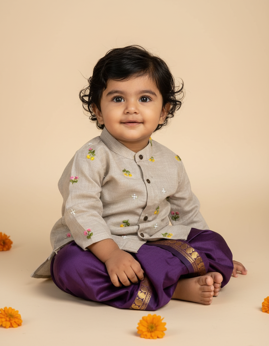 Grey Linen Kurta and wine for baby boy kurta dhoti