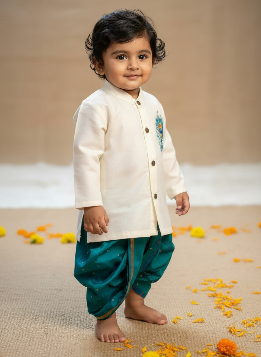 Baby Boy Krishna Dress - White and peacock blue feather embroidered kurta dhoti ethnic dress for baby boy