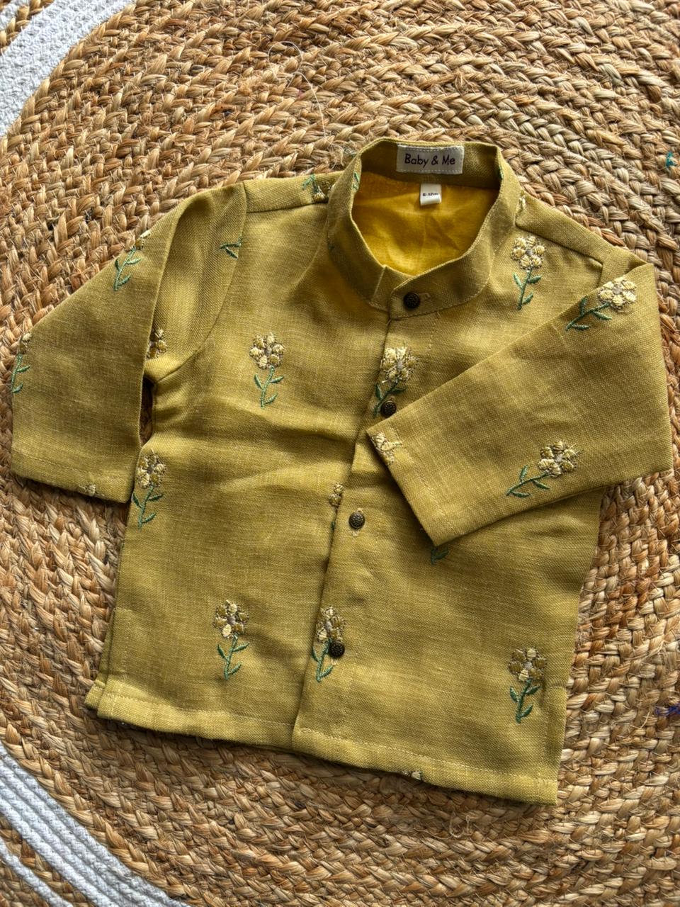 Pastel yellow Linen Kurta for baby boy ethnic top wear