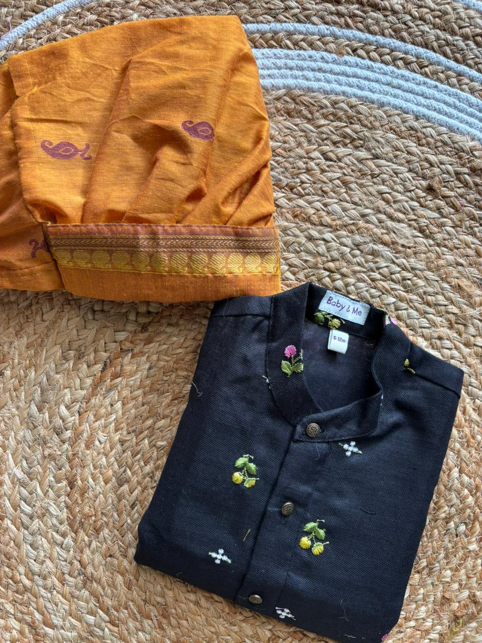 Pure Linen Black with Mustard yellow Kurta Dhoti for baby boy