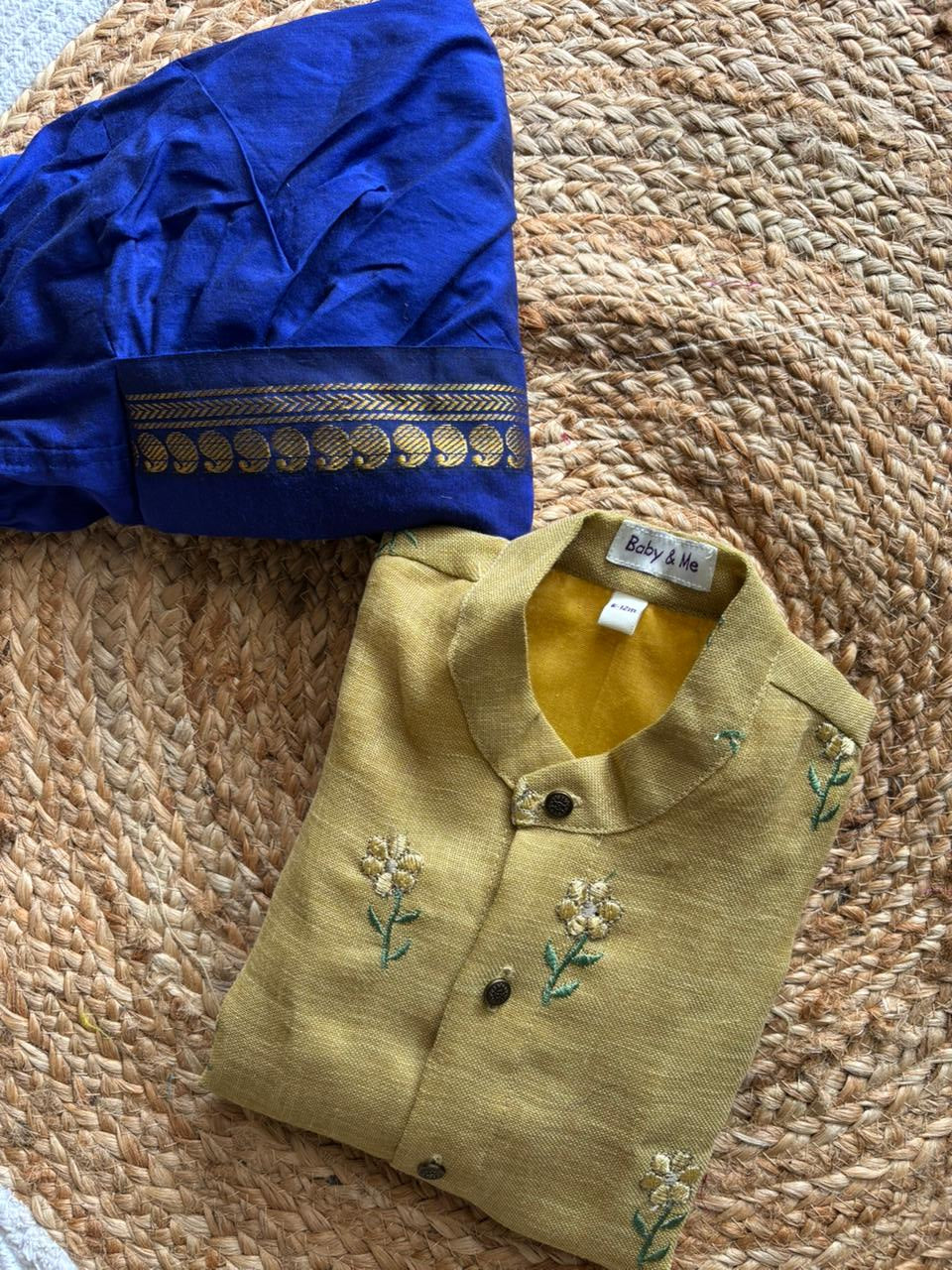 Pure Linen Yellow with Royal blue Kurta Dhoti for baby boy