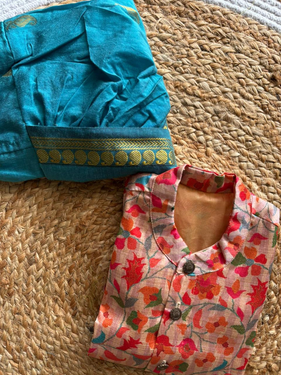 Traditional Indian Multi floral Autumn with Sky Blue kurta dhoti baby boy ethnic wear