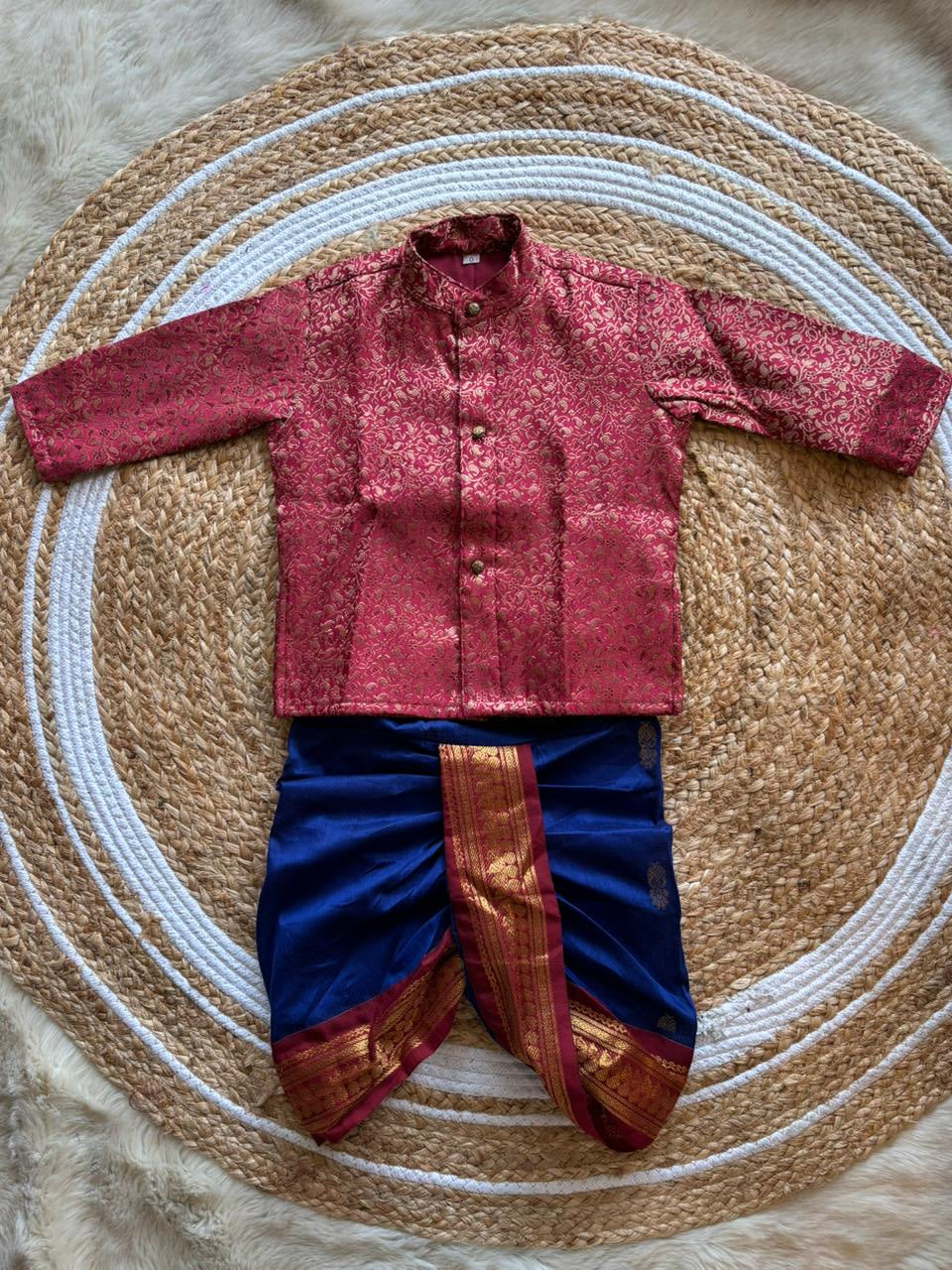 Maroon with royal blue kurta dhoti ethnic wear for baby boy