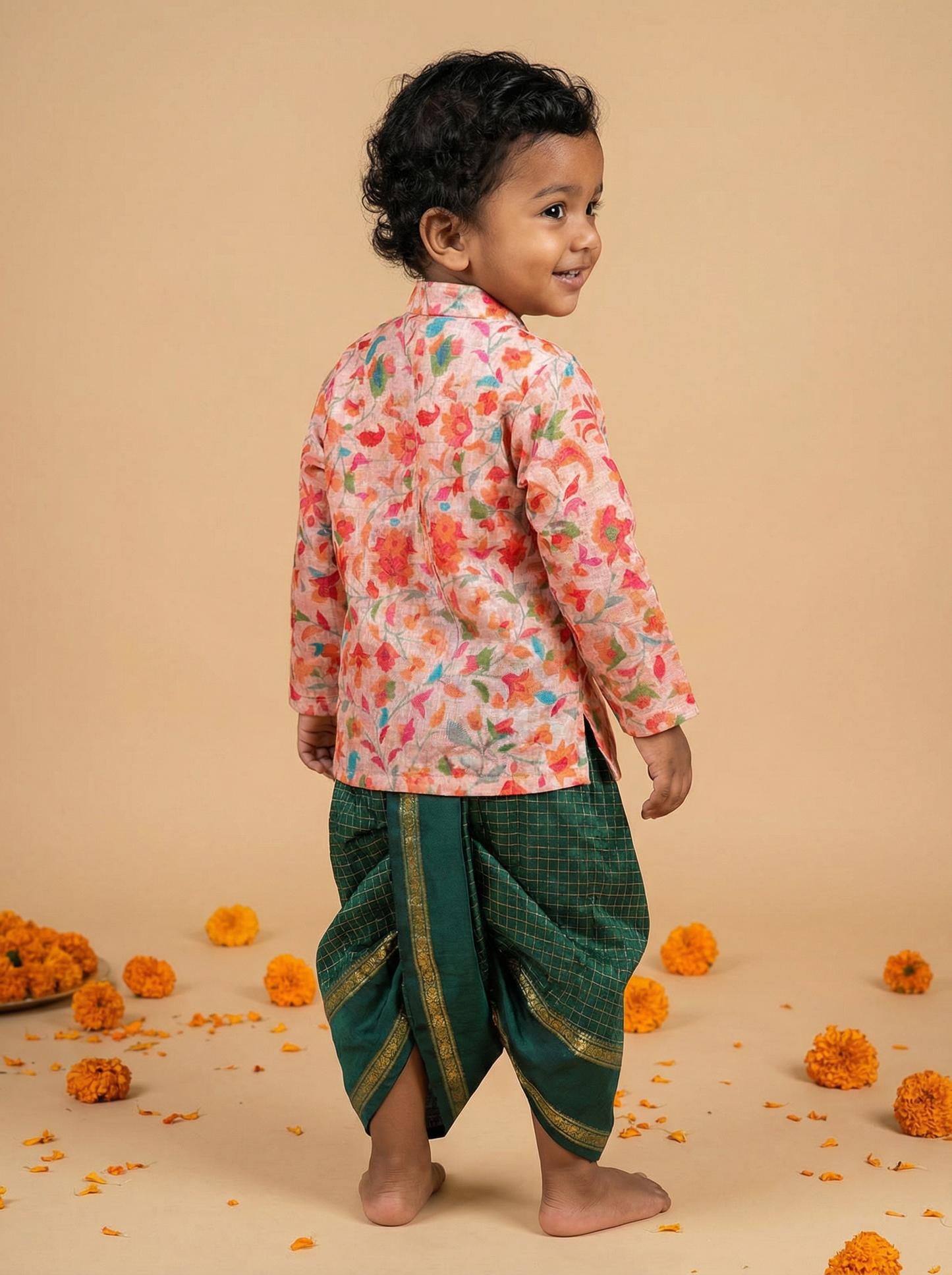 Traditional Indian Multi floral Autumn with Bottle green checks kurta dhoti baby boy ethnic wear
