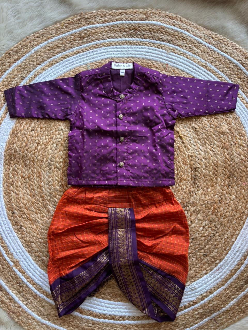Wine Butta with Rusty Orange kurta dhoti baby boy ethnic wear