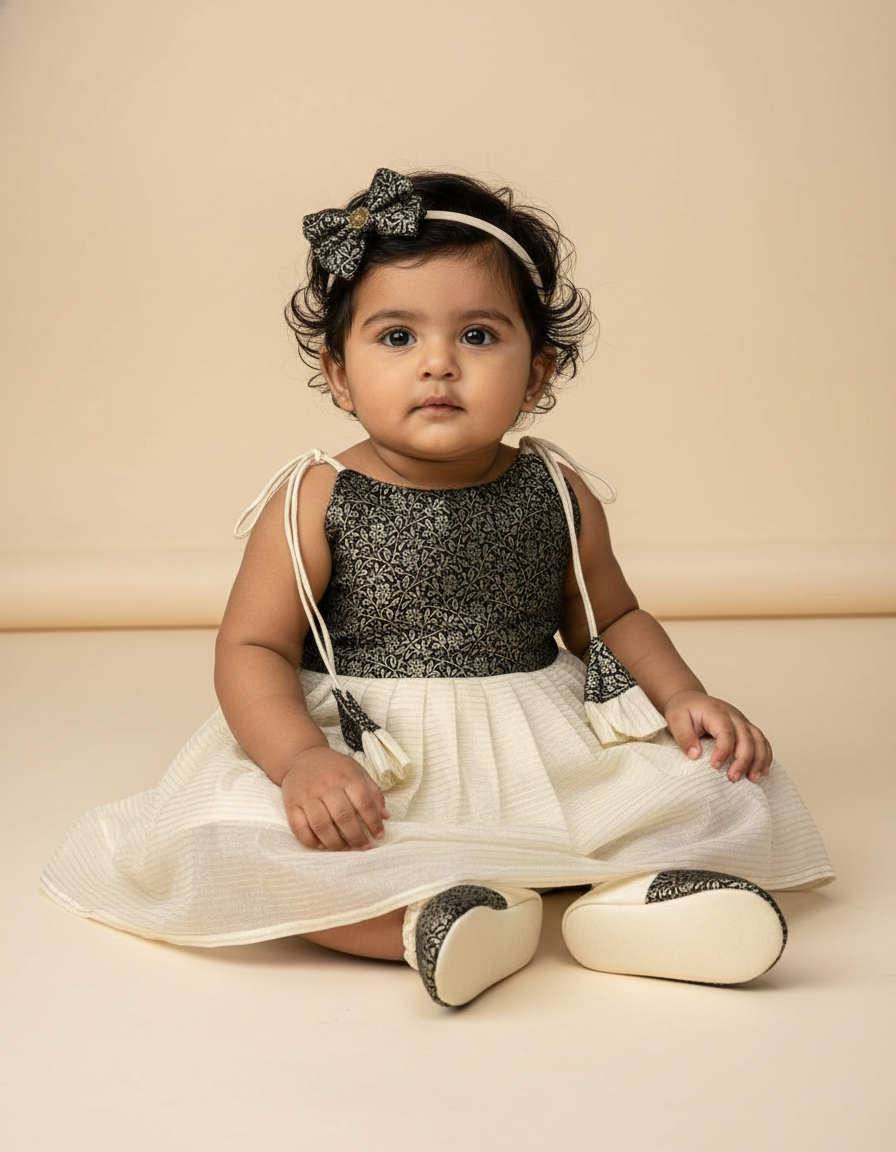 Kerala Special - black milk white frock for festivals for baby girlwith head bow, shoes and undie