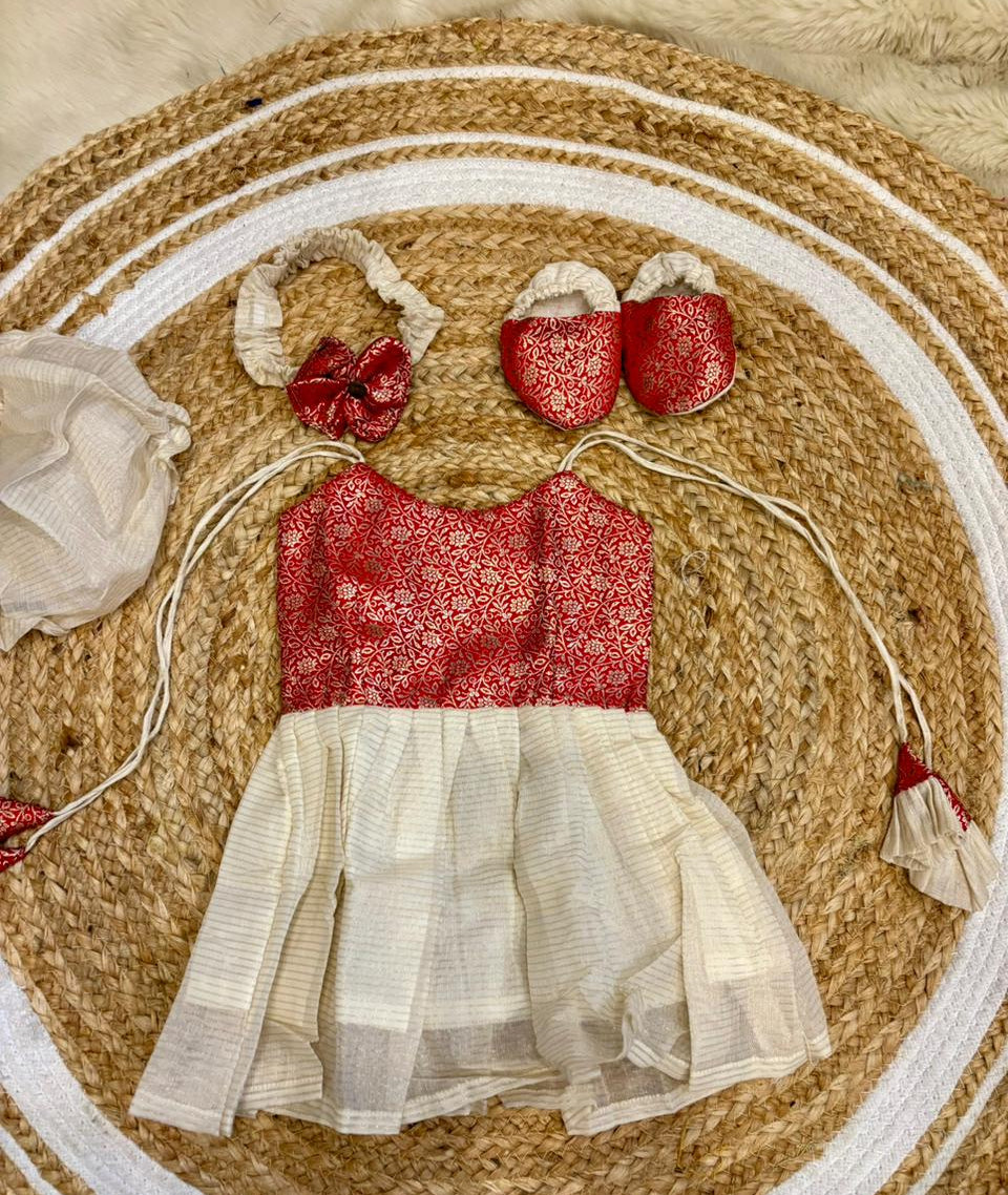 Kerala Special - red with milk white frock for festivals with head bow, shoes and undie