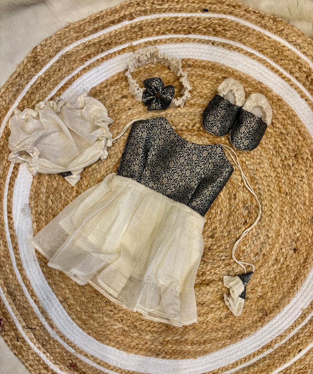 Kerala Special - black milk white frock for festivals with head bow, shoes and undie