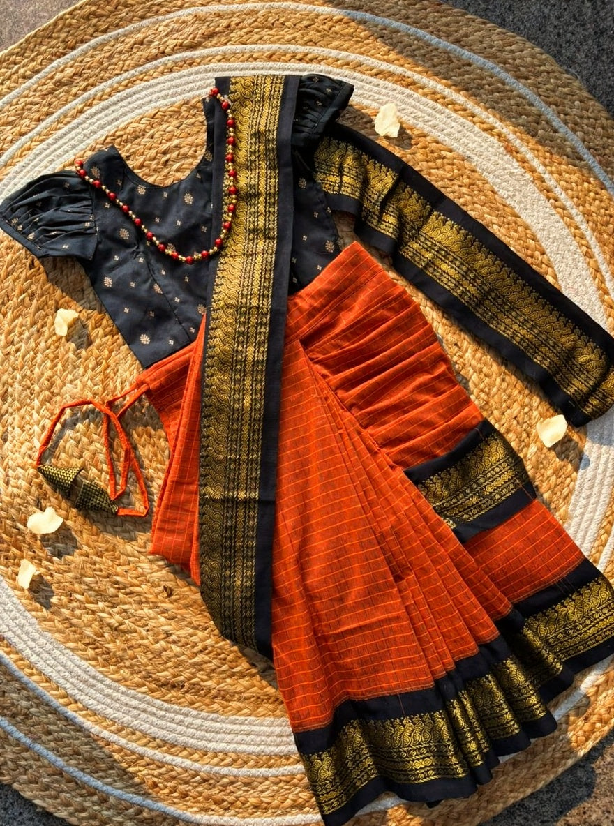 Orange with checked black - Ready to wear saree for kids Ethnic wear for baby girl