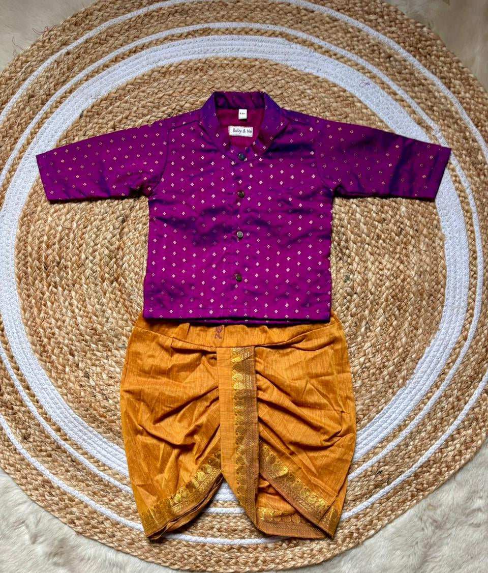Wine and Mustard yellow traditional weave south Indian ethnic wear for baby boy