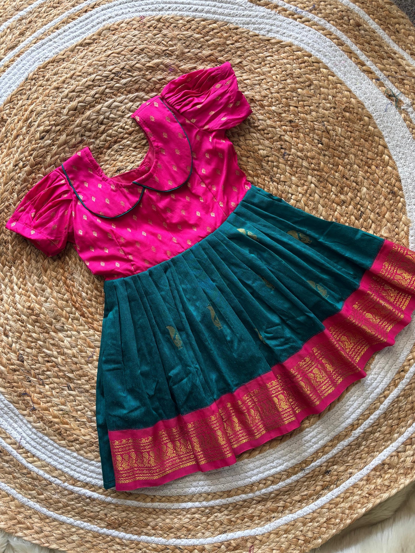 Peacock green with pink Retro Style Zari Border Ethnic Dress – Traditional Dress for Baby Girl