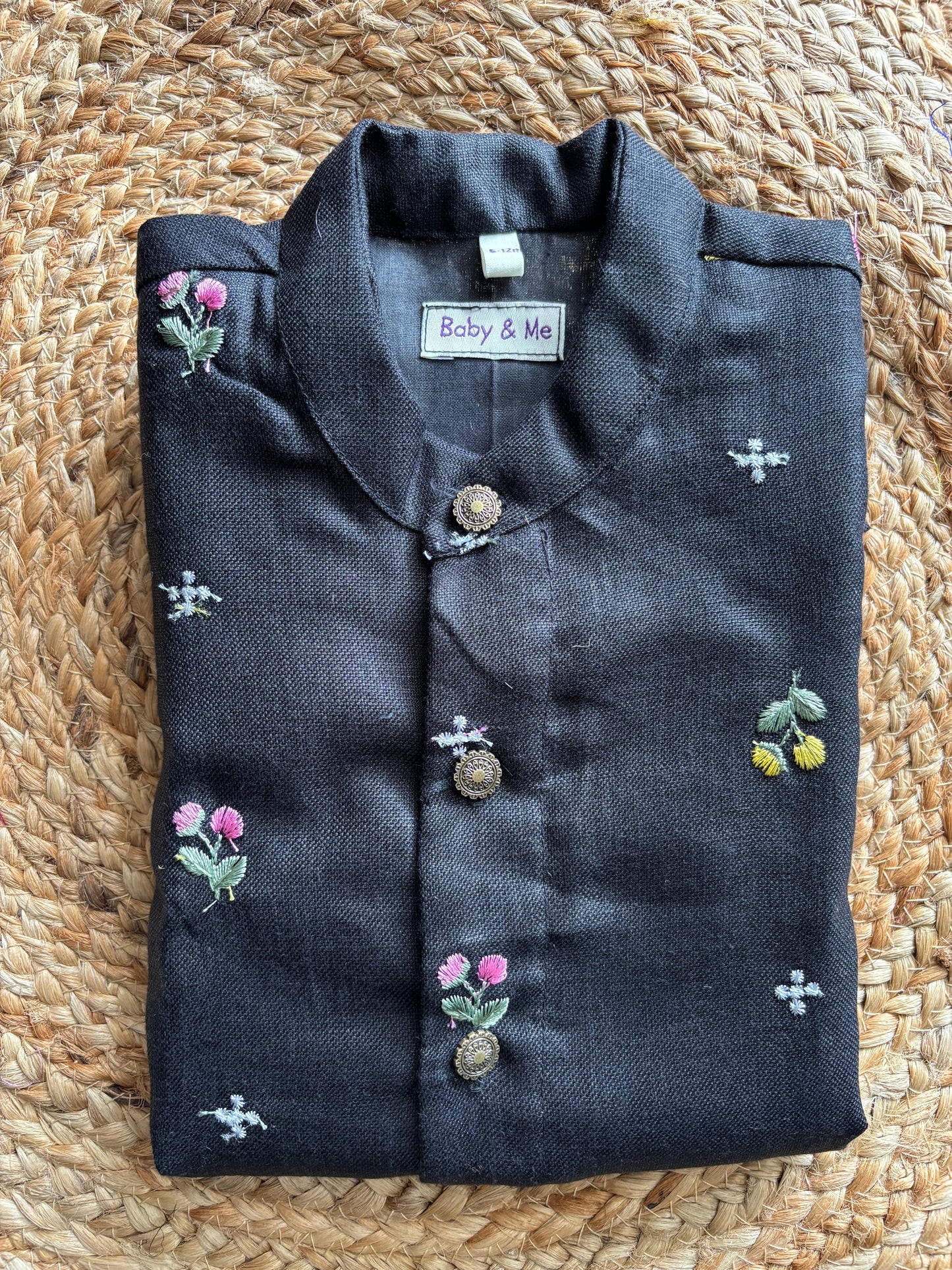 Pure Linen Black with saffron orange Kurta Dhoti for baby boy