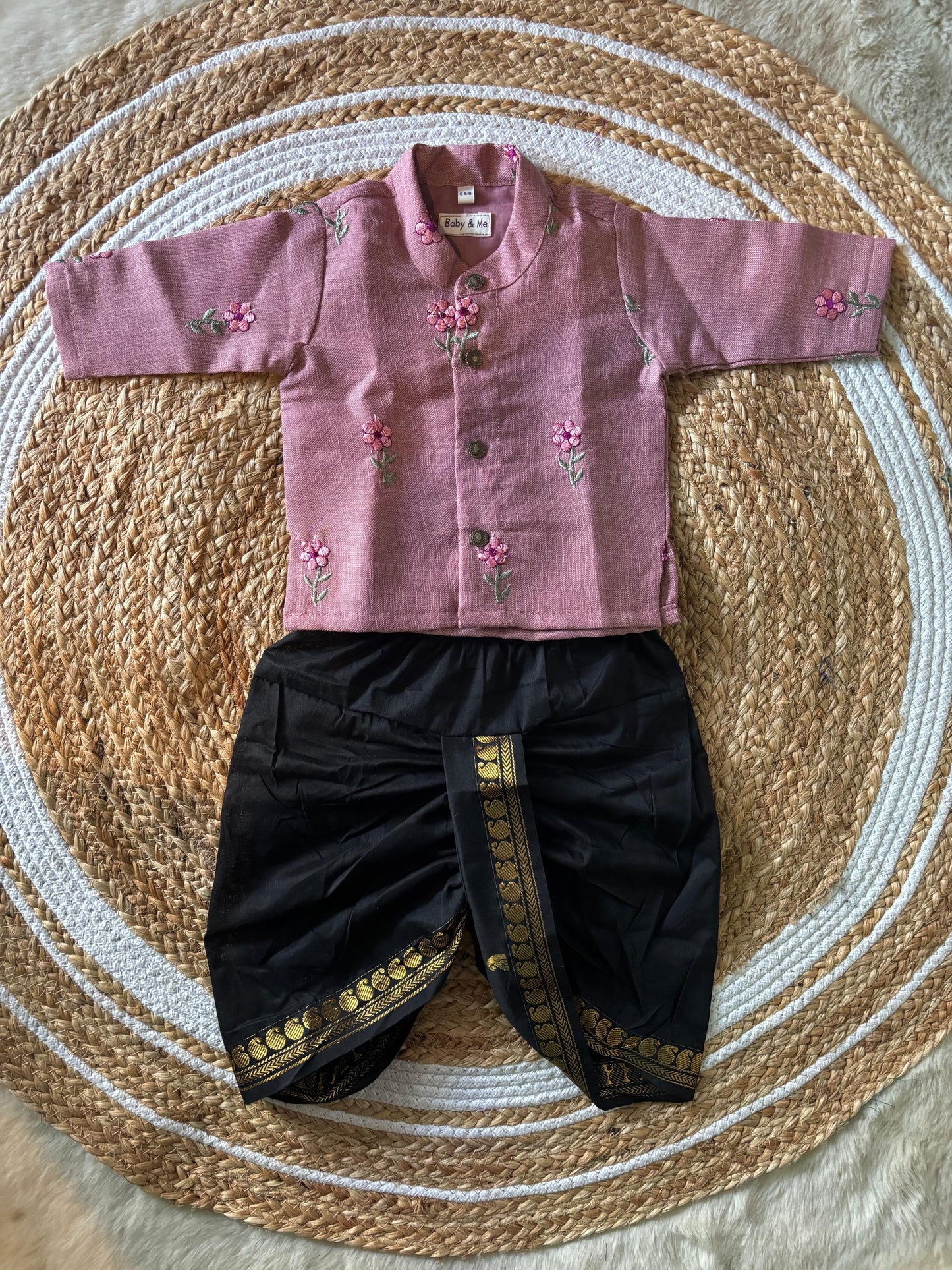Pastel pink Linen and black Kurta dhoti ethnic wear for baby boy
