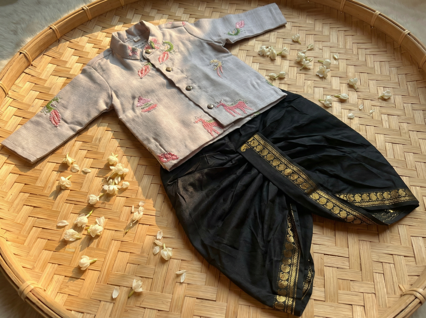 Misty grey Linen Kurta and Black mango design Cotton Silk dhoti ethnic wear for baby boy