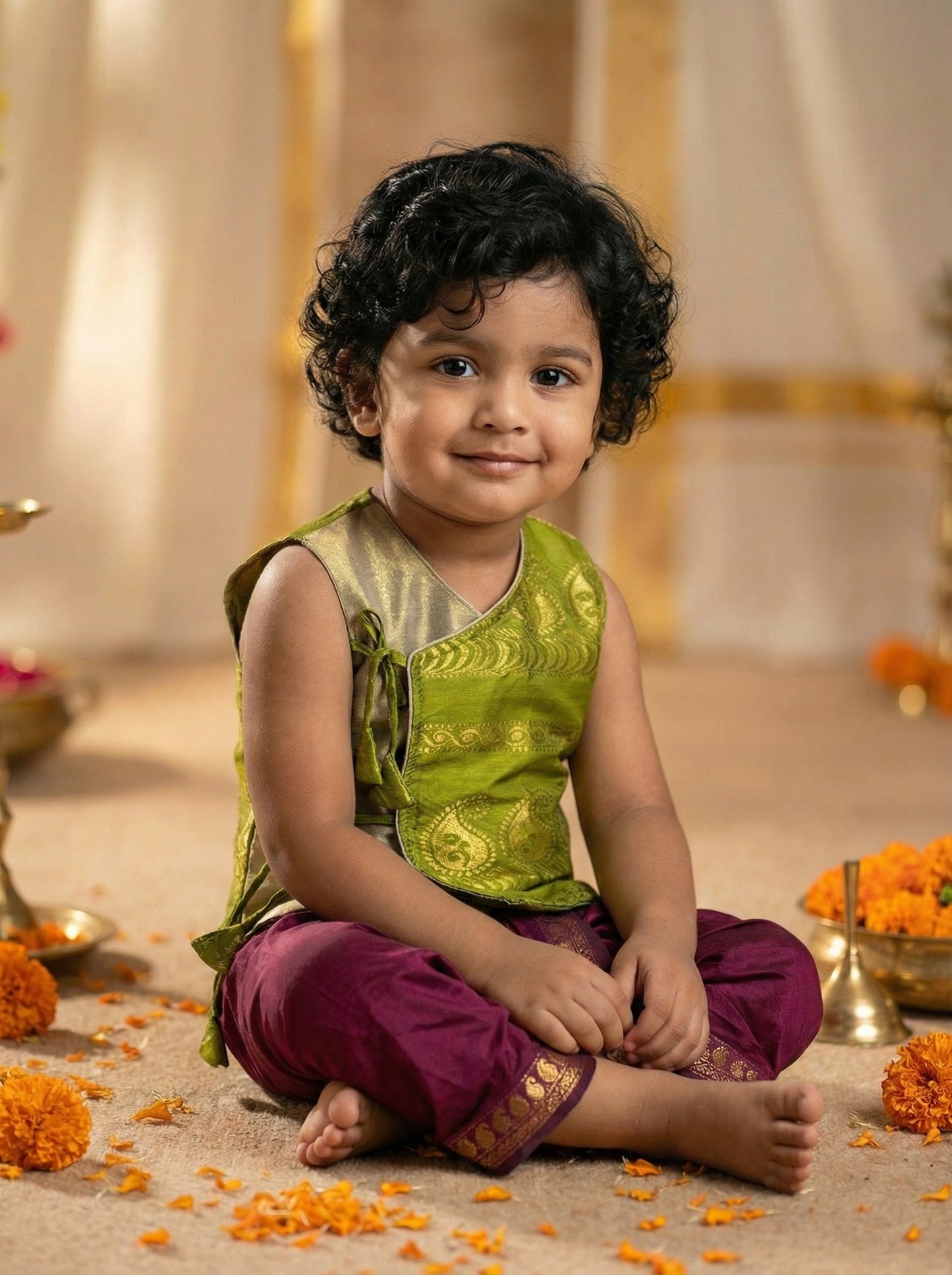 Parrot green Angrakha Kurta with dhoti - Cotton Silk ethnic wear for baby boy