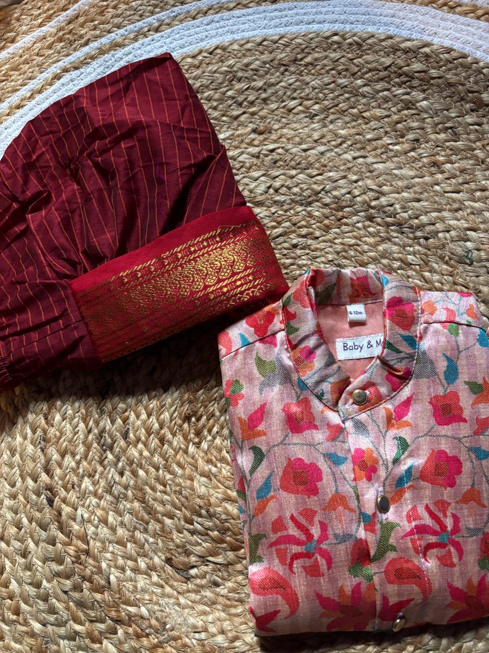 Traditional Indian Multi floral Autumn kurta with maroon checked dhoti baby boy ethnic wear