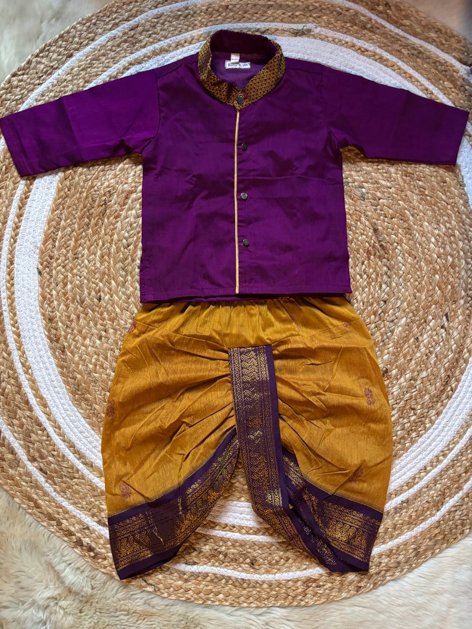 Turmeric Yellow and wine kurta dhoti ethnic dress for baby boy