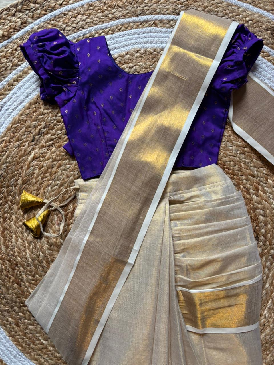 Reshme Gold and violet - Ready to wear Kerala kasavu saree for kids Ethnic wear for baby girl