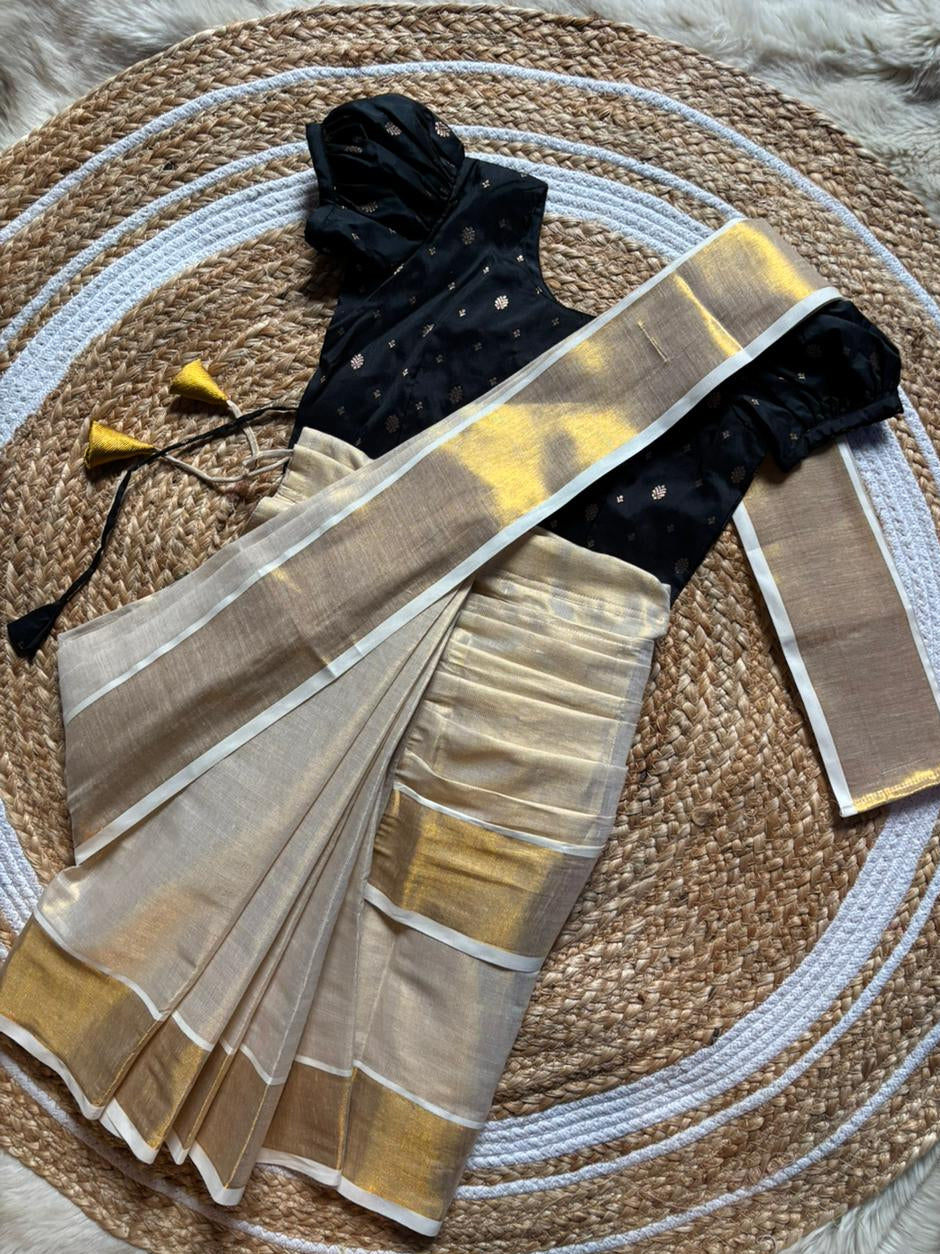 Reshme Gold and Black - Ready to wear Kerala kasavu saree for kids Ethnic wear for baby girl