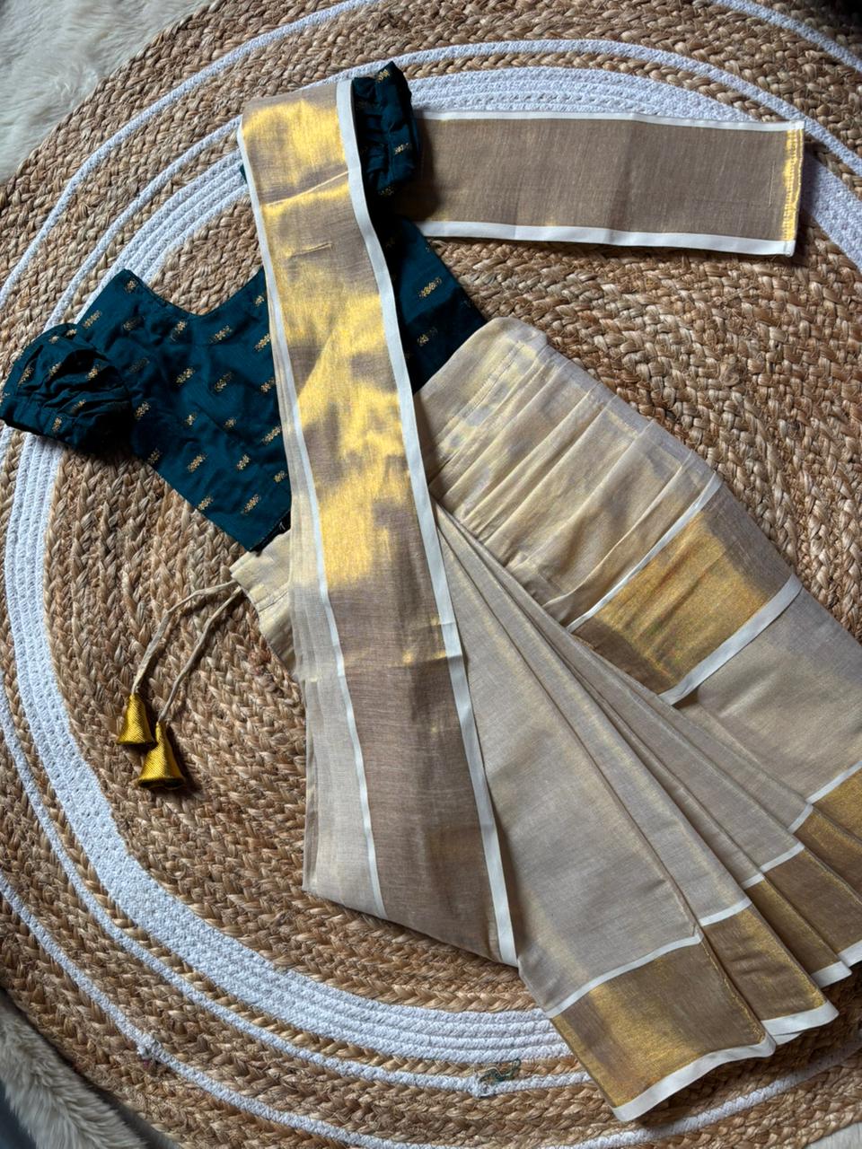 Reshme Gold and Peacock green - Ready to wear Kerala kasavu saree for kids Ethnic wear for baby girl