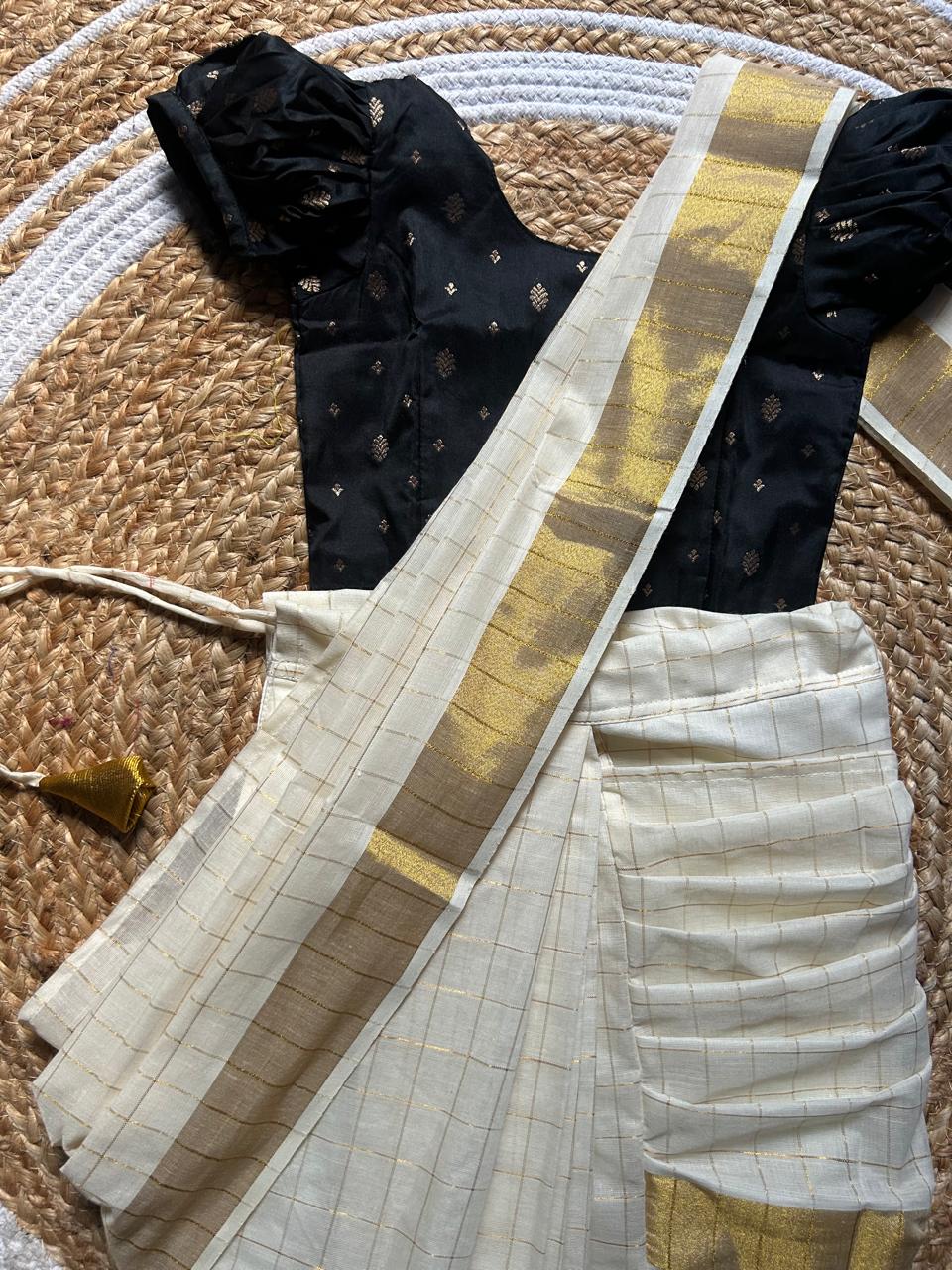 White checked with Gold border and Black - Ready to wear saree for kids Ethnic wear for baby girl