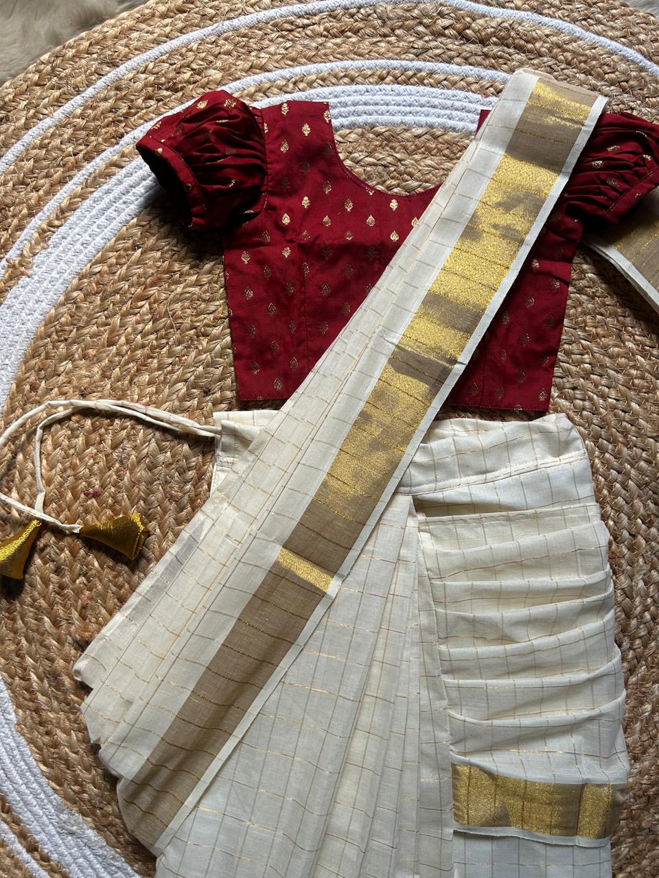 White checked with Gold border and Maroon - Ready to wear saree for kids Ethnic wear for baby girl