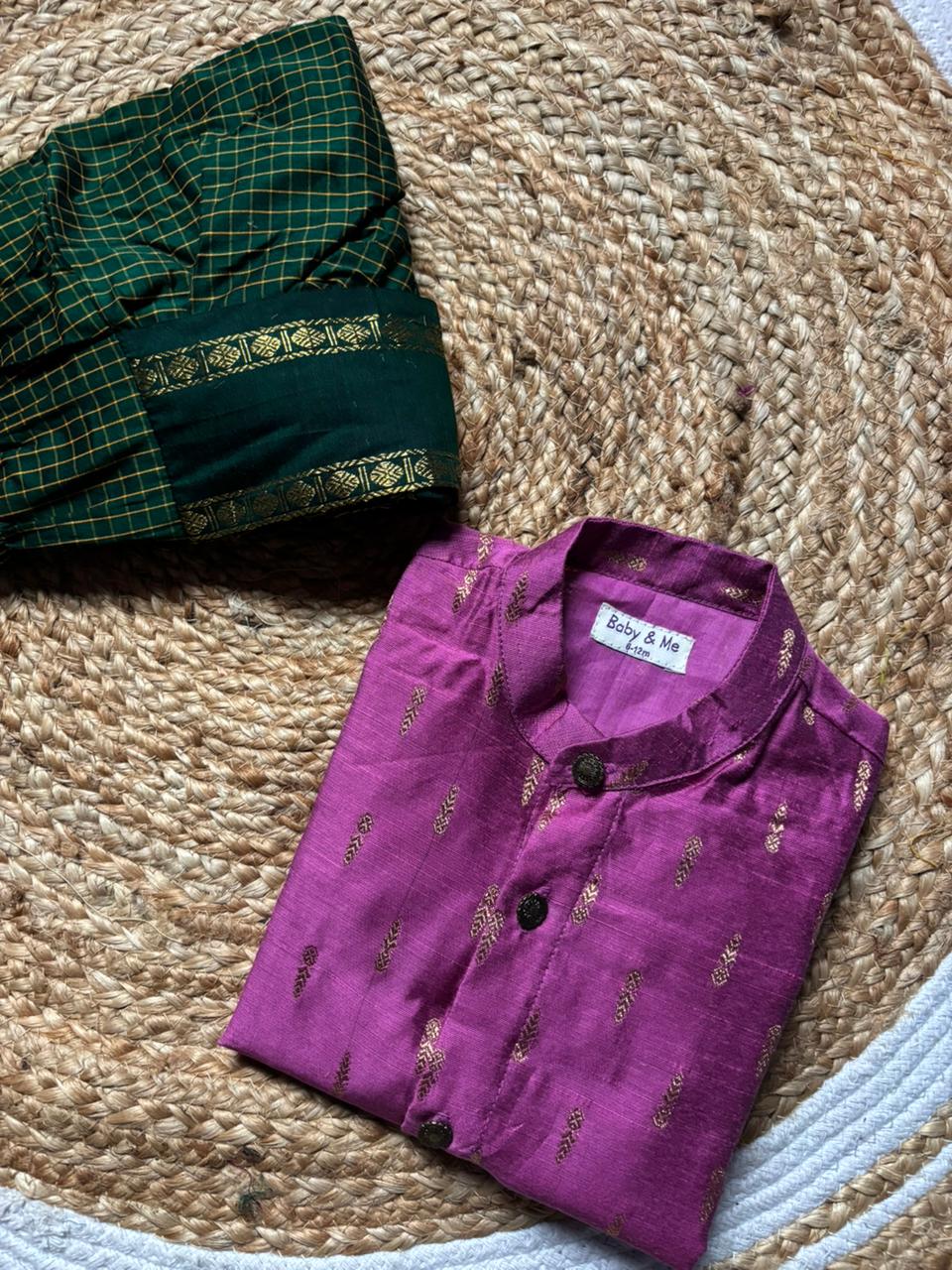 Rose pink kurta and bottle green checked Dhoti for Boys – Traditional Ethnic Wear for Baby Boy