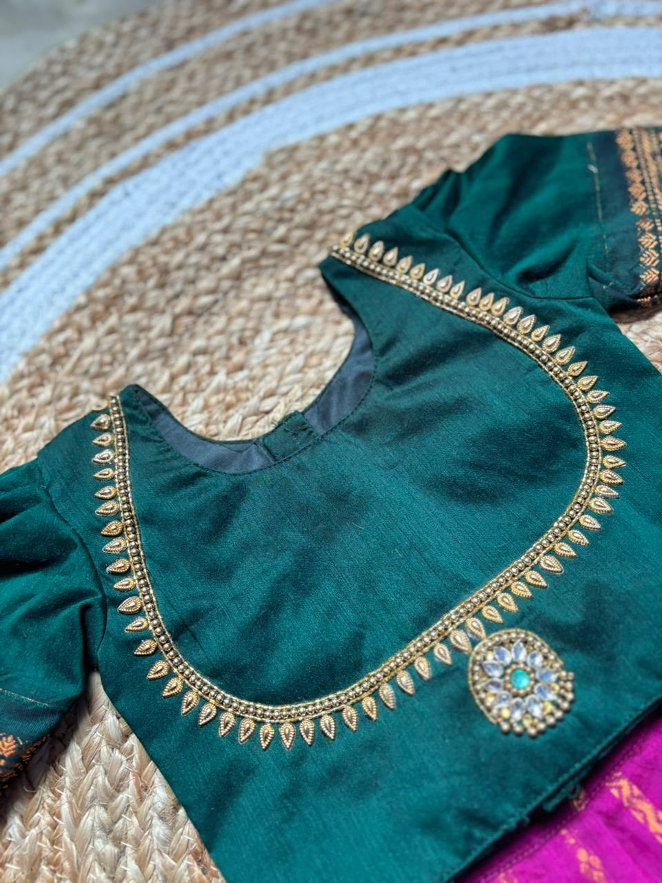 Magenta pink and bottle green traditional pavadai set for Baby Girl