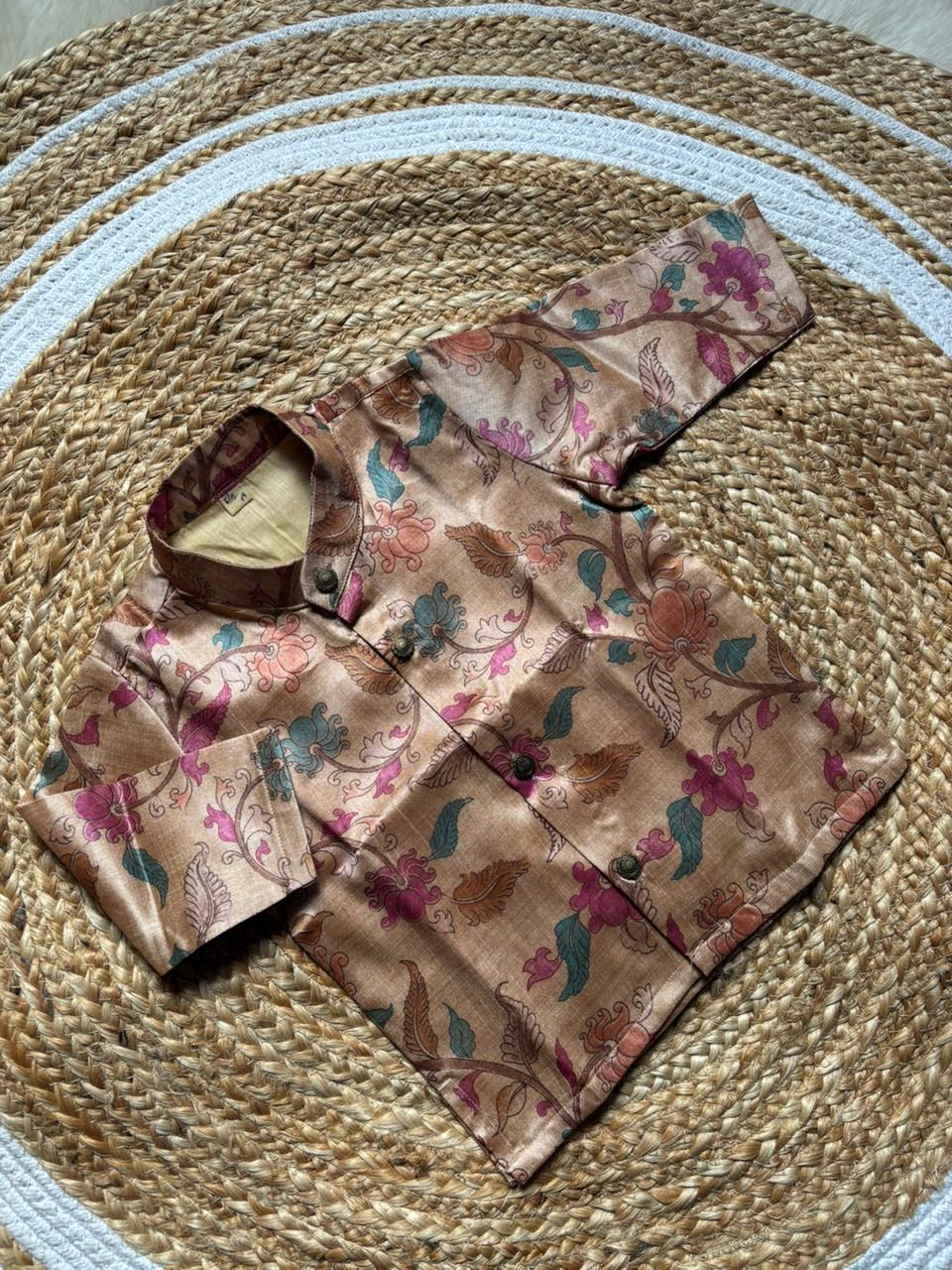Traditional Indian Kalamkari Soft Beige Baby Boy Silk Kurta