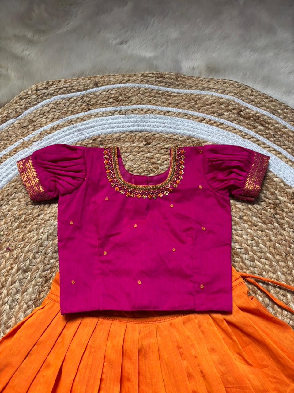 Orange and Pink Embroided Langa Blouse – Traditional Zari Border Cotton Dress for Baby Girl