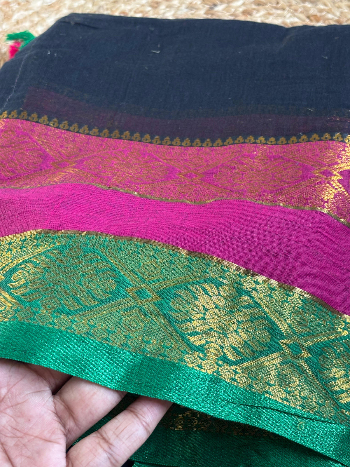Black soft mull cotton with kanchi border light weight saree - Green and pink