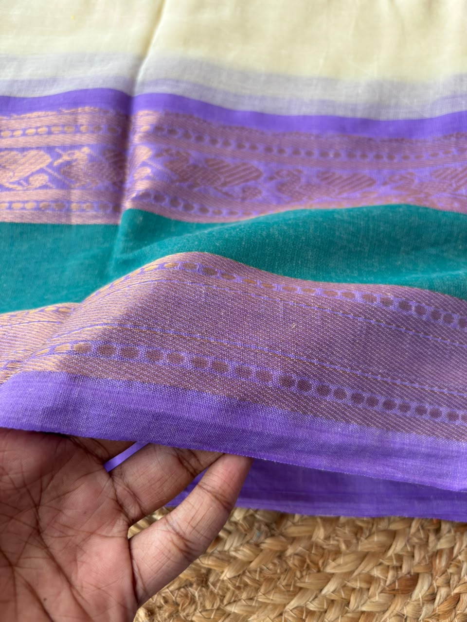 Off white soft mul cotton with kanchi border light weight saree - Green and purple