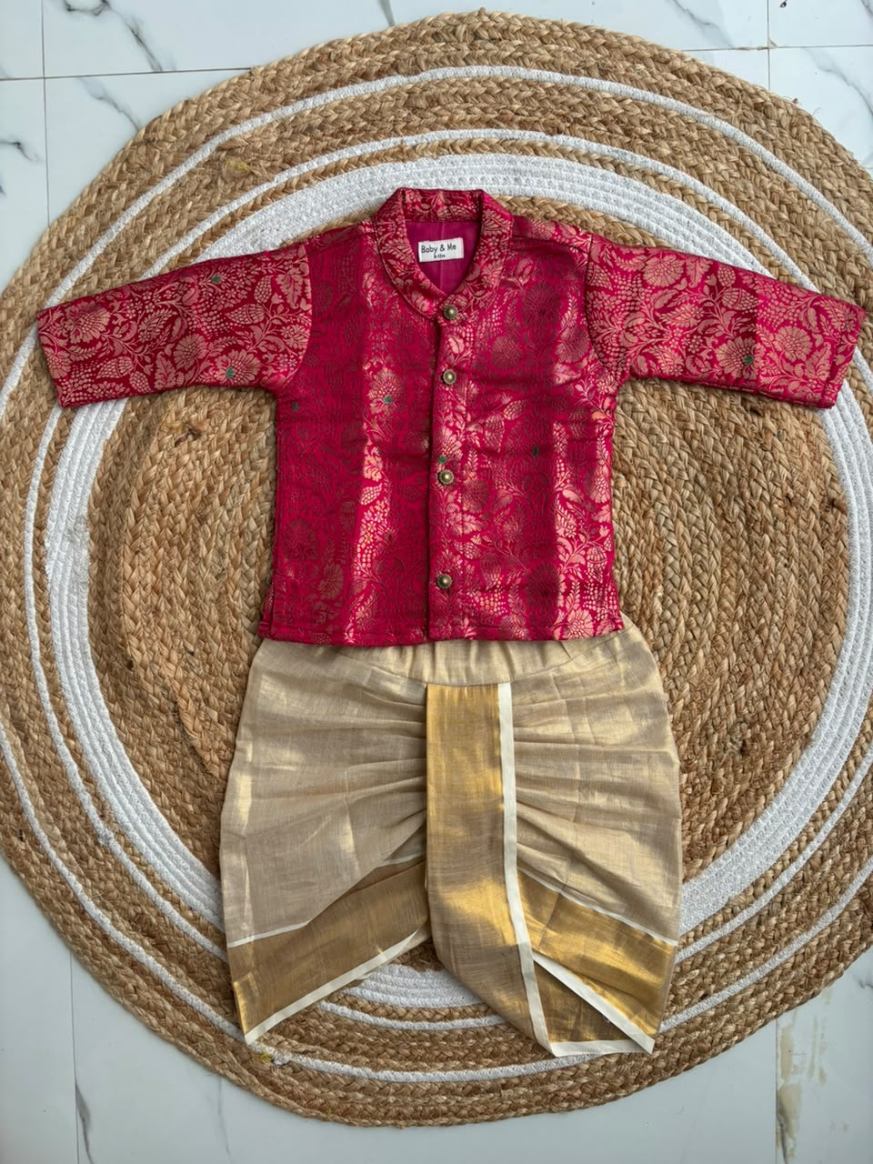 Royal Pink Banarasi Kurta traditional gold dhoti ethnic wear for baby boy