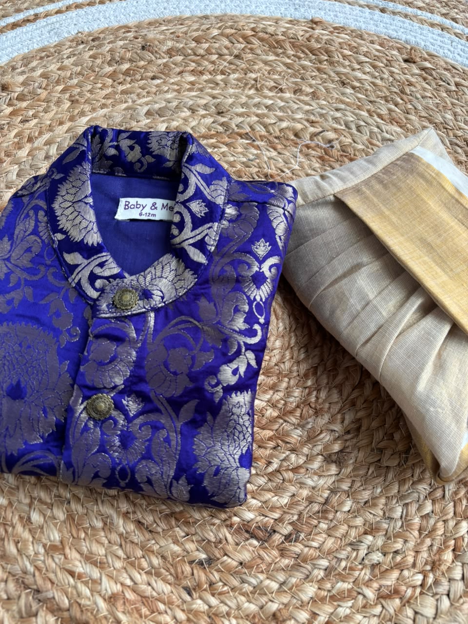 Royal blue banarasi kurta with traditional gold dhoti ethnic wear for baby boy